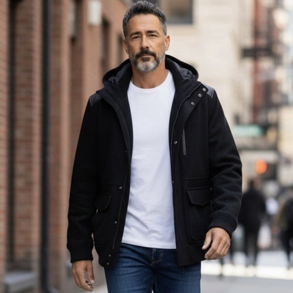 Buffalo David Bitton Men's Wool Blend Coat Size L Black Hooded Moto Jacket - NEW